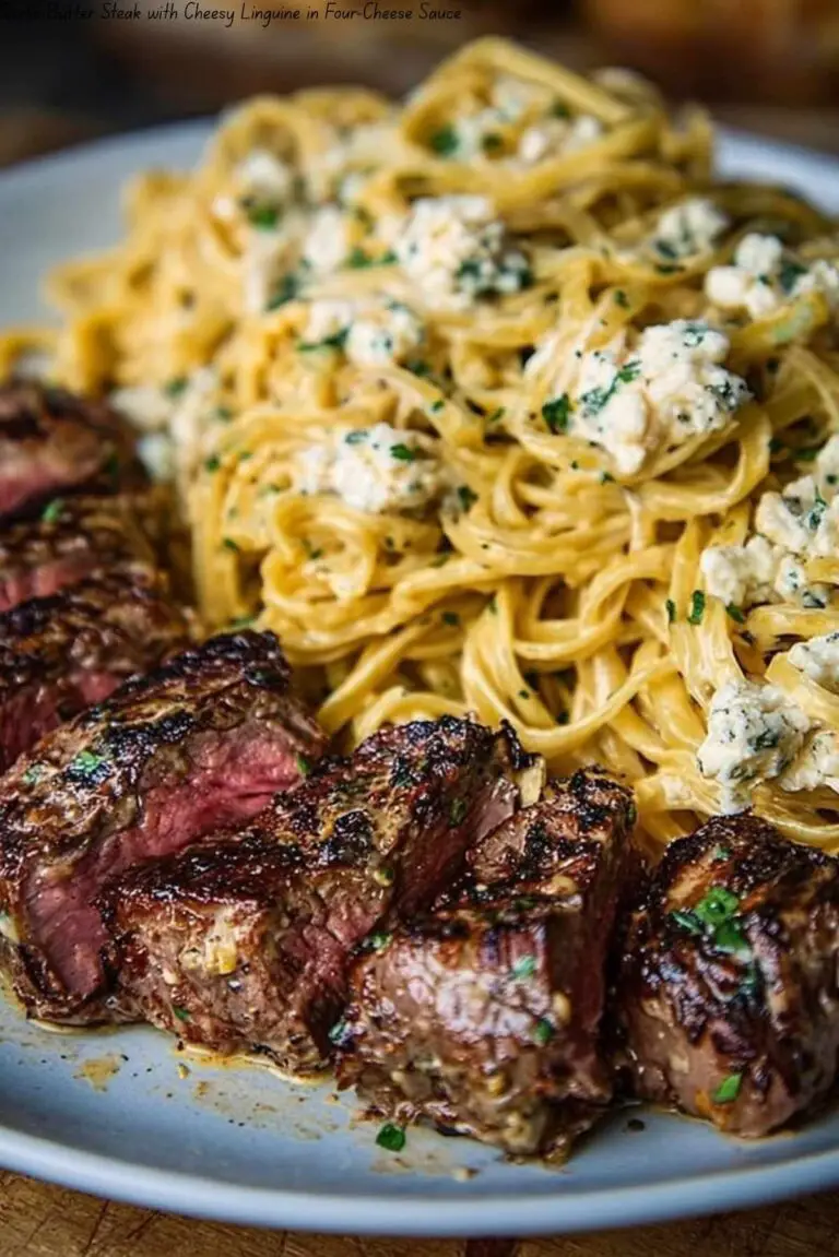 Garlic Butter Steak with Cheesy Linguine in Four-Cheese Sauce