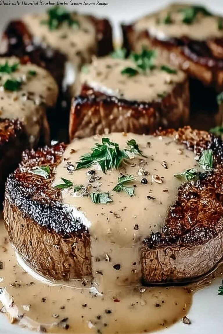 Steak with Haunted Bourbon Garlic Cream Sauce Recipe