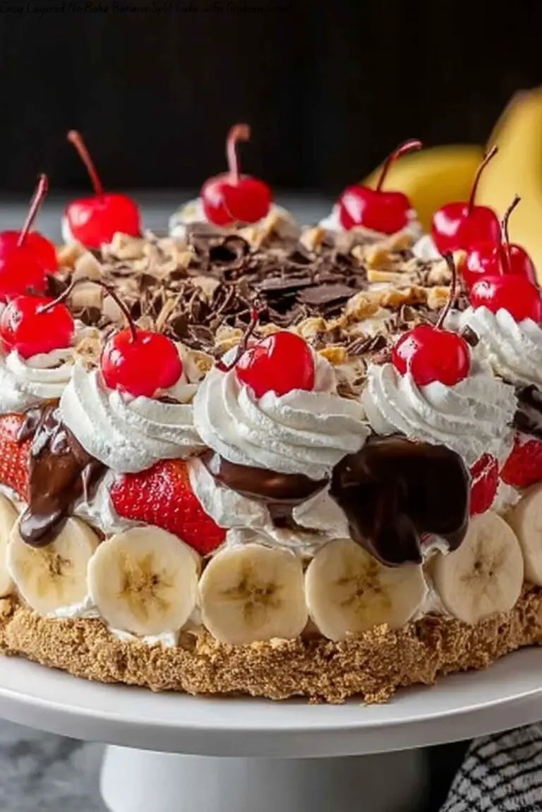 Easy Layered No-Bake Banana Split Cake with Graham Crust
