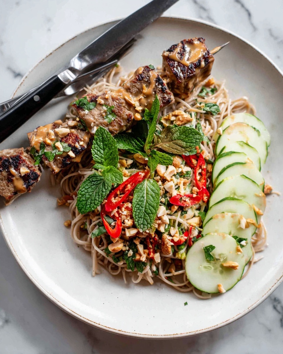 The image shows two dishes placed on a white marbled surface. On the left, there is a white bowl filled with a colorful noodle salad, featuring thin beige noodles mixed with green leafy vegetables, thin round cucumber slices, diced red bell peppers, and sprinklings of crushed nuts. Two wooden spoons with patterned handles rest inside the bowl. To the right, there is a white rectangular plate holding five skewers of grilled meat pieces. The meat is browned with visible grill marks, giving it a slightly charred texture. The plate has some sauce or oil stains under the skewers. Photo taken with an iphone --ar 4:5 --v 7