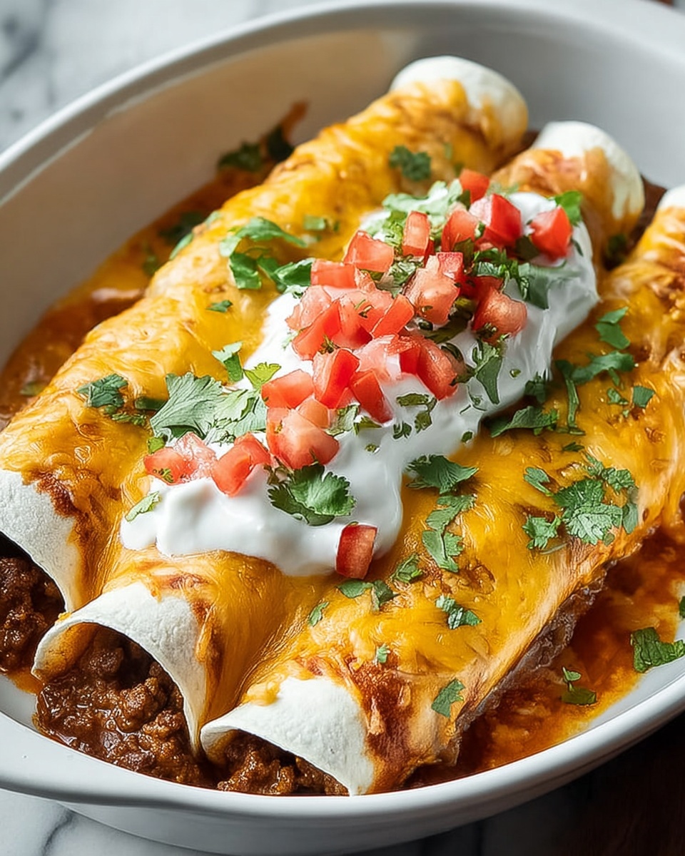 The image shows a white rectangular baking dish filled with rolled tortillas placed neatly in a single layer, each tortilla golden with melted cheese on top. At the bottom of the dish, there is a thick layer of cooked ground meat in a rich reddish sauce visible around the edges. On top of the rolled tortillas, there is a generous layer of white sour cream spread in a line down the center, sprinkled with bright red diced tomatoes and fresh green cilantro leaves. The dish rests on a white marbled surface photo taken with an iphone --ar 4:5 --v 7