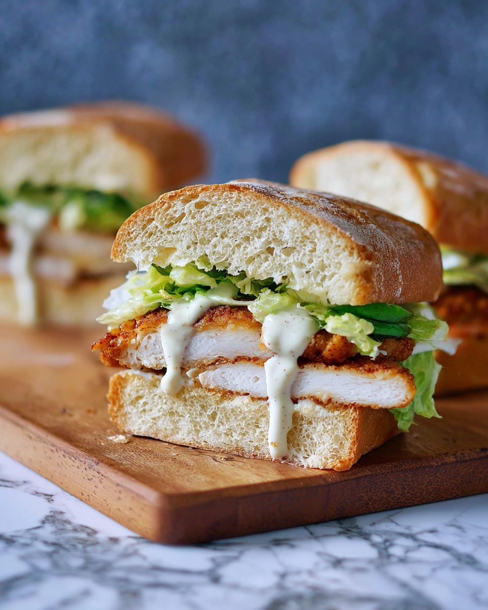 The image shows a sandwich cut in half, placed on a wooden cutting board over a white marbled surface. The sandwich has three clear layers inside: the bottom layer is a thick, crispy fried chicken piece with a golden brown crust; on top of the chicken is fresh, green lettuce, and a creamy white sauce drips slightly down the side of the chicken. The sandwich bread is light golden with a crusty outside and soft inside, with visible air pockets. A blurred blue background adds contrast to the sandwich. Photo taken with an iphone --ar 4:5 --v 7