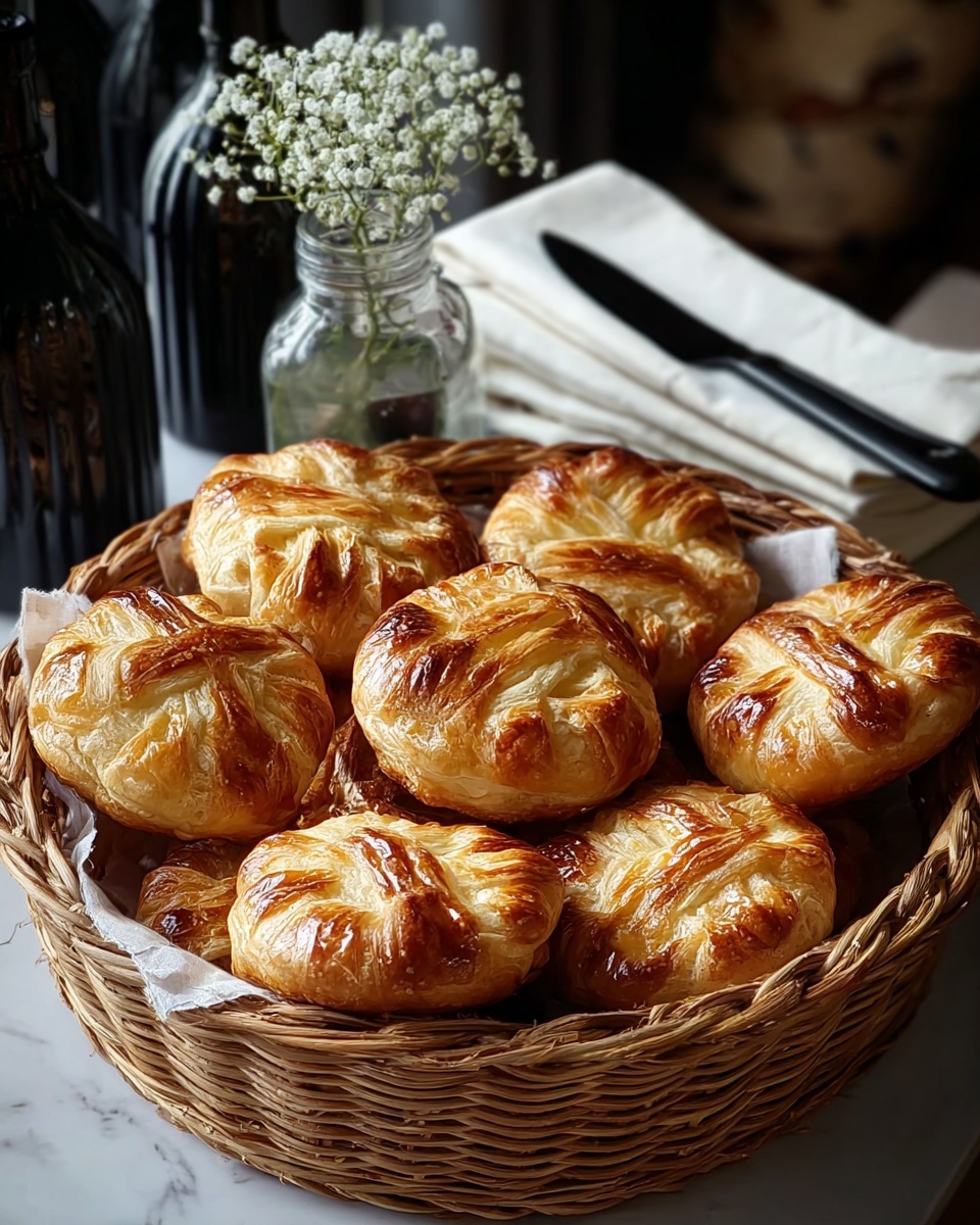 A round woven basket filled with seven golden brown pastries arranged in a circular pattern. Each pastry has a shiny, flaky crust with a crisscross pattern on top and visible layers showing the puffed texture. The basket sits on a white marbled surface, with soft lighting highlighting the warm tones and slight gloss on the baked pastries. In the background, there is a glass jar with small white flowers and some dark-colored bottles and folded white napkins adding a cozy, rustic feel. Photo taken with an iphone --ar 4:5 --v 7