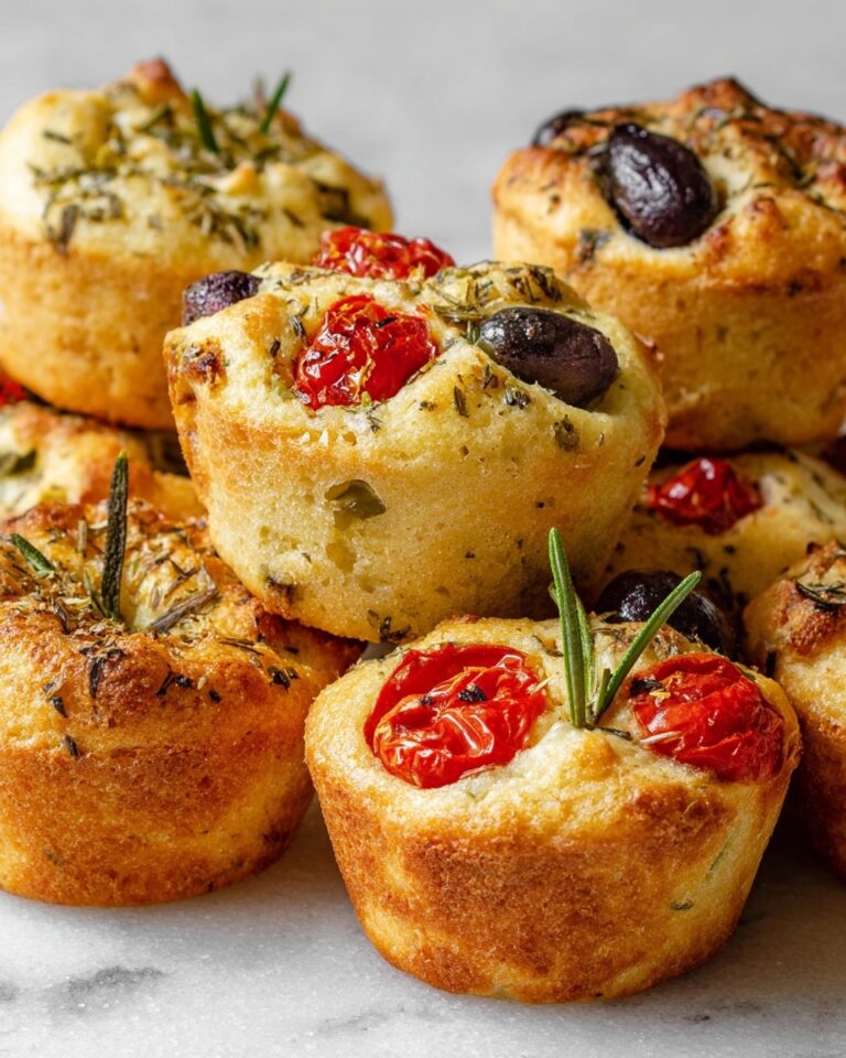 Focaccia Muffins with Basil Pesto, Rosemary, Cherry Tomatoes, and Olives Recipe
