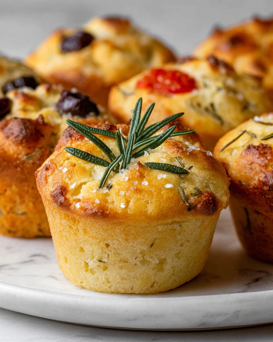 A close-up view of several golden-brown savory muffins sitting on a large white plate with a white marbled surface underneath. The muffin in the front has a slightly rough texture with a few green herb sprigs, likely rosemary, placed on top. Behind it, muffins are decorated with halves of shiny black olives and bright red cherry tomato pieces embedded in the light, slightly bumpy tops. The muffins have a high rise with soft, airy-looking, pale interiors peeking through in places. The scene is brightly lit with soft shadows, highlighting the different textures and colors. Photo taken with an iphone --ar 4:5 --v 7