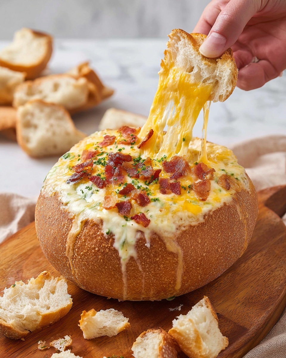 A round hollowed bread bowl filled with a creamy cheese dip that has visible white and yellow melted cheese layers mixed with small pieces of cooked bacon and green herbs, topped with more melted cheddar cheese and bacon bits. The dip is thick and creamy with stretchy cheese strands lifting from the bowl by a woman's hand. Around the bread bowl on a wooden surface are torn pieces of bread. The background is a white marbled texture. Photo taken with an iphone --ar 4:5 --v 7