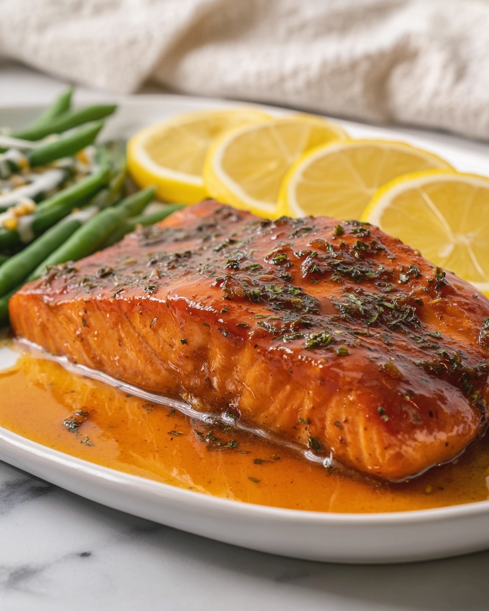 A thick piece of cooked salmon is on a white plate with ridged edges, covered in a shiny, reddish-brown sauce with herbs sprinkled on top. The salmon fillet has a moist texture and a warm pink color. Around the top edge of the plate, there are four bright yellow lemon wedges arranged side by side. At the front left corner, some green beans can be seen slightly out of focus. The plate sits on a white marbled surface, and a light gray textured cloth is in the background. Photo taken with an iphone --ar 4:5 --v 7
