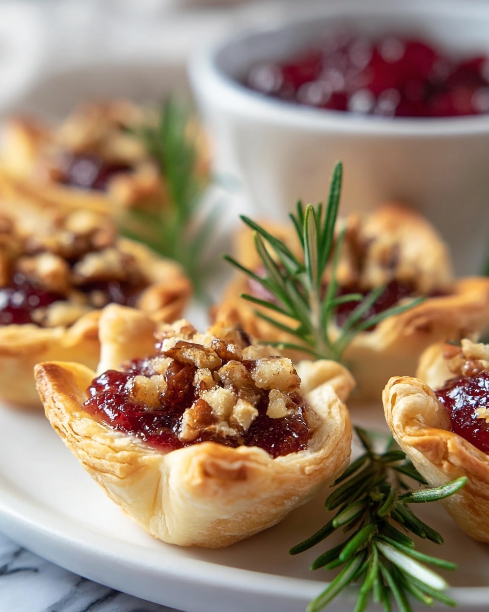 There are small round tarts with golden brown, flaky pastry crusts that have puffy edges and hold a top layer of red, jelly-like filling. The jelly has a shiny texture with finely chopped brown nuts sprinkled on top. Each tart is decorated with a small green rosemary sprig that adds contrast to the warm colors. The tarts sit close together on a white plate with a smooth surface, placed on a white marbled table. In the background, there is a soft blur of a white bowl filled with more of the red jelly. Photo taken with an iphone --ar 4:5 --v 7