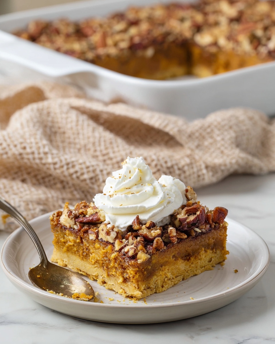 A single thick slice of crumbly pecan-topped dessert bar rests on a white plate, showing two distinct layers: a moist, dense golden base and a lighter, crumbly golden layer studded with small pieces of pecans on top, crowned with a swirl of white whipped cream. A silver spoon lies beside the dessert, and in the background, a white baking dish holds the rest of the dessert with the same crumbly pecan topping. A soft, light beige textured cloth is casually placed next to the plate on a white marbled surface. Photo taken with an iphone --ar 4:5 --v 7