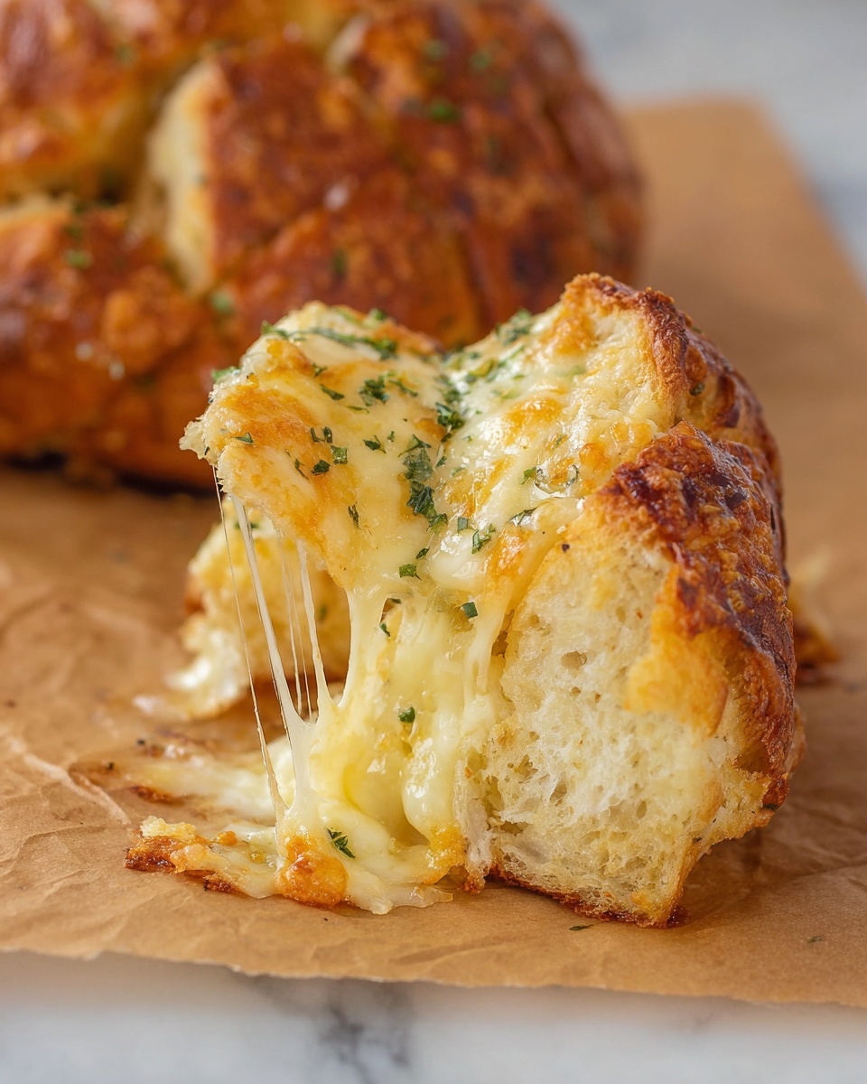 The image shows a close-up of a round bread loaf cut into cubes, filled with melted yellow cheese and chopped green herbs, giving it a textured and crispy golden brown crust. A woman's hand is lifting one cube from the loaf, stretching long strings of melted cheese between the piece and the loaf. The bread's inside looks soft and moist, contrasting with the crunchy outer layer. The background has a soft white marbled texture, highlighting the bread's warm colors. Photo taken with an iphone --ar 4:5 --v 7