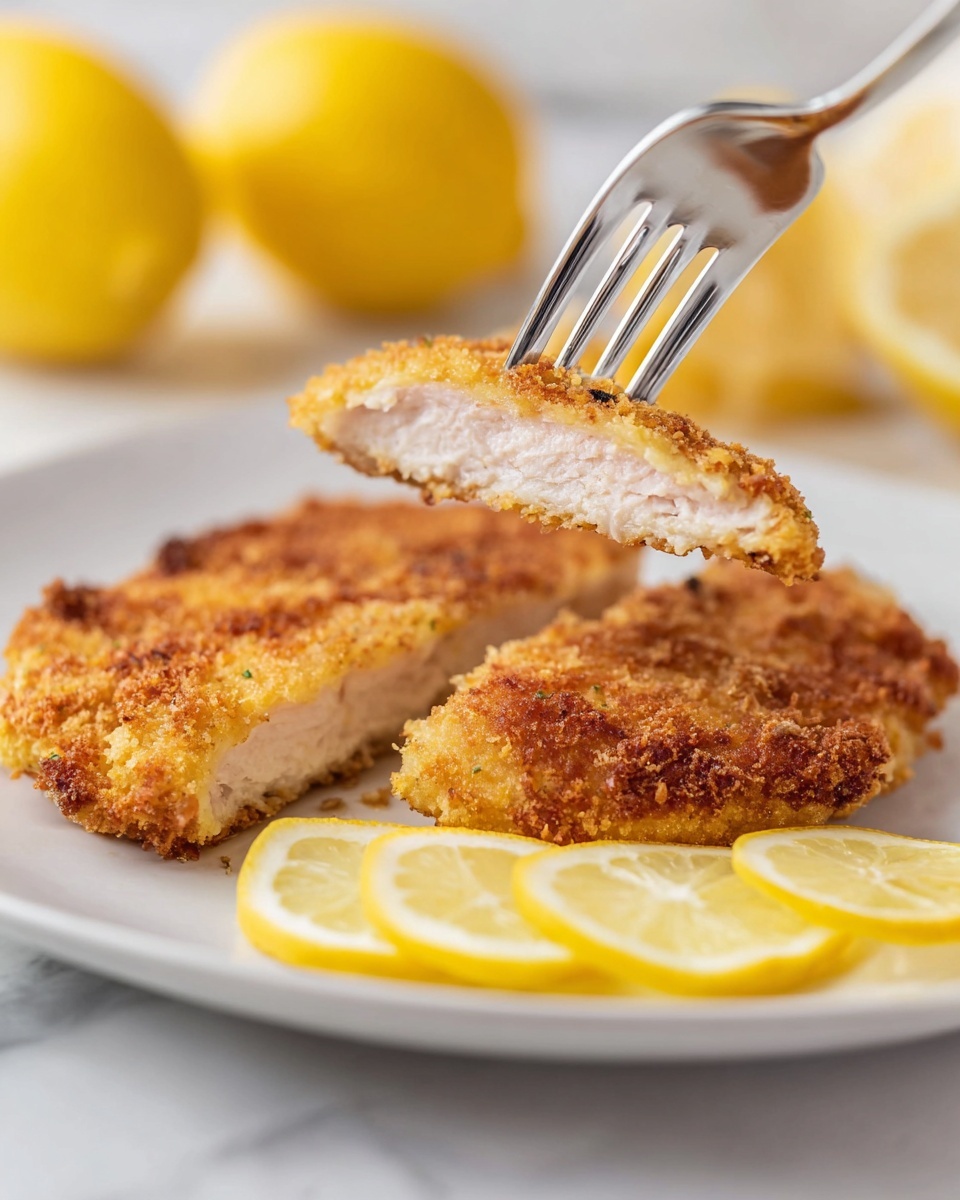 The image shows a white plate on a white marbled surface, holding three pieces of crispy golden-brown breaded chicken layered slightly overlapping in the center right. On the bottom left of the plate, there is a serving of bright green green beans sprinkled with grated cheese. Two lemon wedges with a bright yellow color are placed on the right edge of the plate near the chicken. In the top left corner, part of another white plate with breaded chicken is visible on a light gray patterned cloth. Two gold-colored forks and a knife rest diagonally on the white marbled surface at the top right, with two whole lemons nearby. Photo taken with an iphone --ar 4:5 --v 7