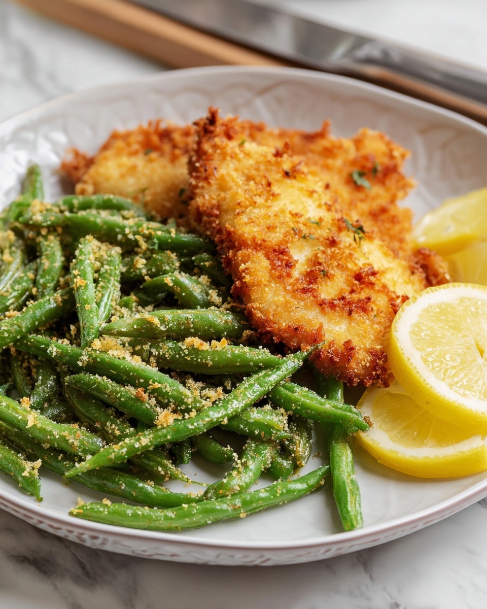 A white plate shows a crispy golden-brown breaded cutlet on the left side with a woman’s hand placing three bright yellow lemon wedges on top and nearby. On the right side, there is a pile of vibrant green beans coated lightly with a crumbly seasoning. The plate is set on a white marbled surface next to a gray and white cloth with a textured pattern. photo taken with an iphone --ar 4:5 --v 7