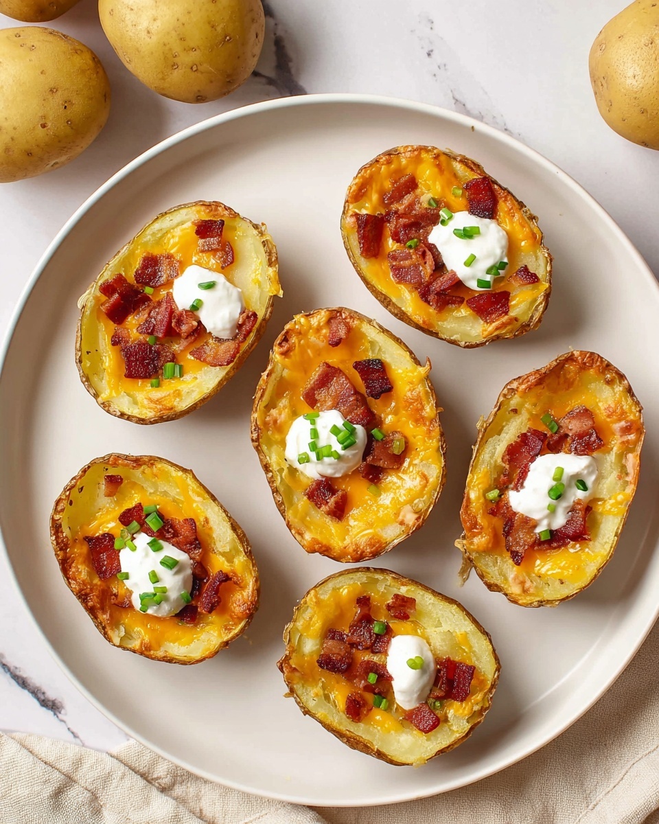 The image shows six potato skins on a white plate, all arranged close together. Each potato skin has three layers: the bottom layer is golden baked potato skin with a slightly rough texture, the middle layer is melted orange cheddar cheese, and the top layer has small crispy bacon bits scattered around. On top of each potato skin, there is a small dollop of white sour cream, sprinkled lightly with finely chopped green chives. The plate is placed on a white marbled surface, and in the top left corner of the image, there are three whole raw potatoes. Photo taken with an iphone --ar 4:5 --v 7