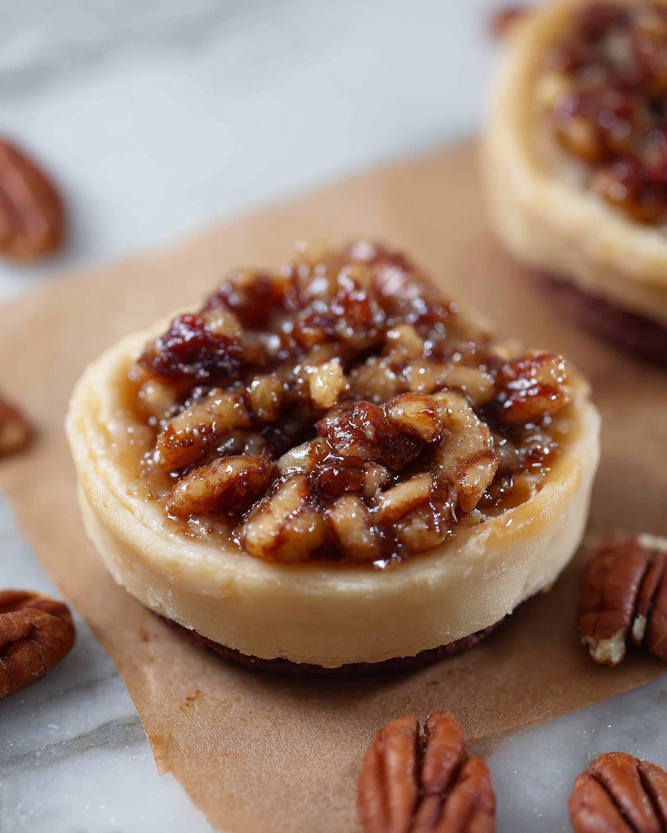 The image shows a small round tart with two layers of light beige pastry forming the base and sides. Inside, there is a chunky, glossy filling made of dark brown chopped nuts mixed with sticky syrup, giving it a shiny texture. The tart sits on a piece of parchment paper, and in the background, there are whole pecans scattered on the same parchment. The surface under the parchment is a white marbled texture. Photo taken with an iphone --ar 4:5 --v 7