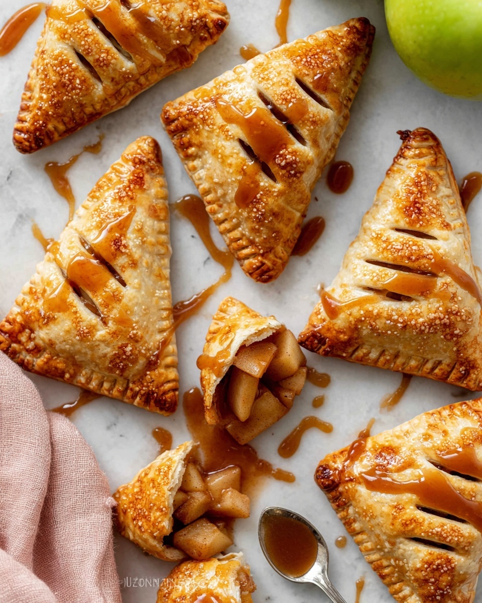 The image shows seven golden brown triangular pastries arranged on a white marbled surface. Each pastry has a crisp texture with browned edges and small slits on top to show the filling inside. A glossy amber sauce is drizzled over them, adding shine and a sweet touch. One triangle is broken open, revealing a warm filling of cooked apple pieces with a soft, juicy texture. At the upper left corner, there is a soft pink cloth, and at the top right, a sliced apple is partially visible. At the bottom, a spoon holds some of the amber sauce. photo taken with an iphone --ar 4:5 --v 7