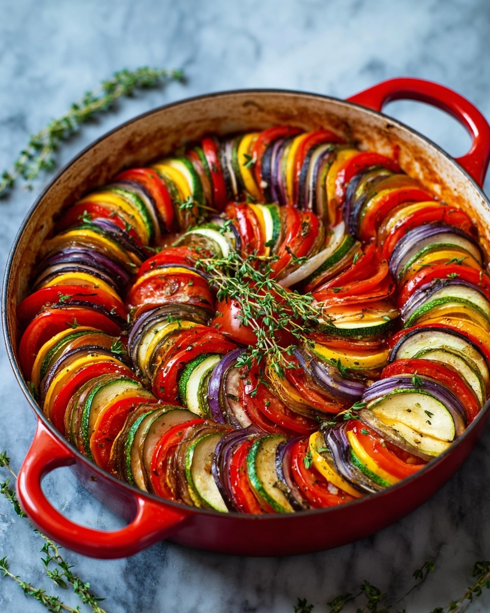 A round white pan filled with a colorful vegetable dish arranged in neat layers, with slices of yellow bell pepper, red tomato, green zucchini, purple onion, and dark eggplant placed in a circular pattern from the edges to the center, each layer alternating colors and textures, all gently cooked with herbs scattered on top including a few sprigs of fresh thyme in the middle, resting on a white marbled surface with fresh green herbs blurred in the background, photo taken with an iphone --ar 4:5 --v 7