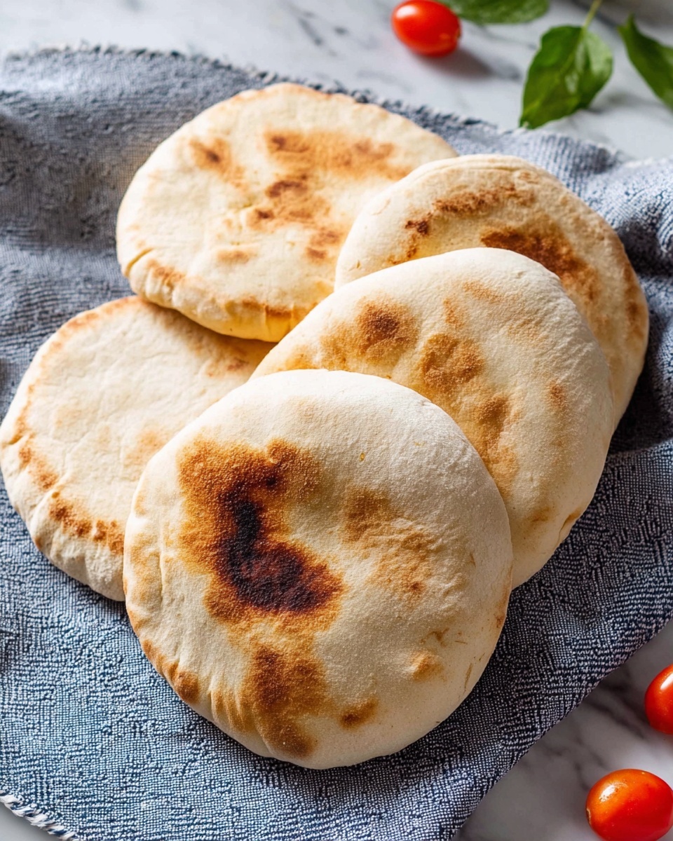 The image shows four small round pita breads stacked and spread out on a blue and white patterned plate, which is placed on a white marbled surface. The pitas have a light golden-brown color with some toasted spots, and a soft, slightly puffed texture. One pita is torn open on the top right side, showing a soft, airy inside. The pitas' edges are smooth, and the surface has some light flour dusting, giving them a fresh-baked look. Photo taken with an iphone --ar 4:5 --v 7