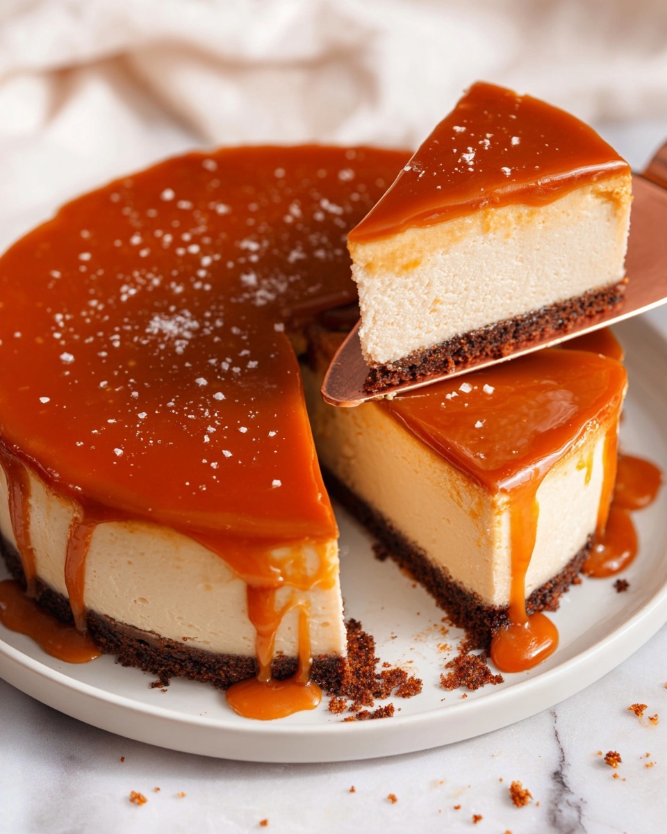 A three-layer round dessert is shown on a white plate over a white marbled surface. The bottom layer is dark brown with a crumbly texture, the middle layer is thick and creamy with a light beige color, and the top layer is a smooth, glossy caramel sauce that drips slightly down the sides. Small white flakes are sprinkled on the caramel top. The background is soft and neutral, enhancing the dessert's warm tones. photo taken with an iphone --ar 4:5 --v 7