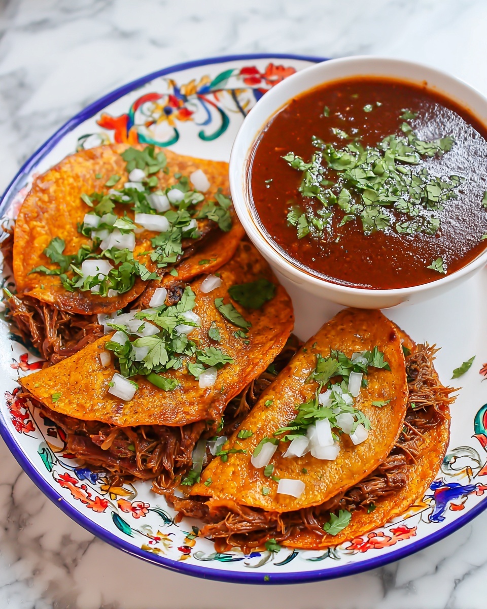 The image shows a close-up of several stacked tacos placed in a row on a colorful patterned white plate. Each taco has two layers of golden, crispy tortillas with a rich orange tint from frying. Inside, there is dark brown shredded meat filling visible at the edges. The tacos are sprinkled with small white onion pieces and bright green chopped cilantro leaves, some cilantro also lying on the plate around the tacos. A small white bowl with an orange sauce is visible in the background. The setting uses a white marbled surface as background. Photo taken with an iphone --ar 4:5 --v 7