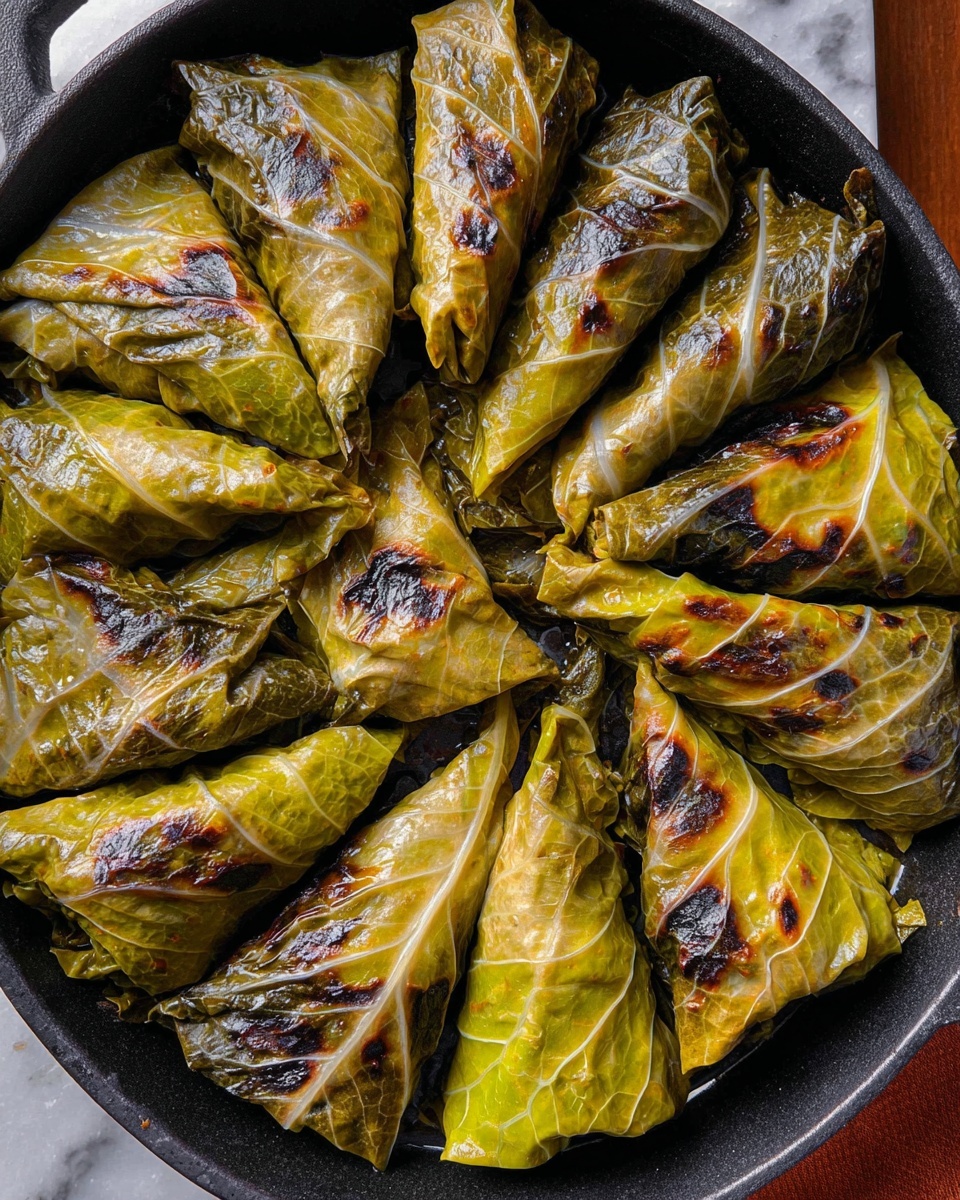 A black cast iron pan filled with two layers of bright yellow, triangle-shaped stuffed rolls. Each roll has a lightly browned, roasted surface with some darker char marks. The top layer shows 9 neatly placed rolls, and the bottom layer also has multiple rolls partially visible. In the lower right corner, a fork lifts one piece, revealing a filling inside that looks white with specks of red and brown, giving a textured and mixed appearance. The pan rests on a wooden board, and the background is a white marbled surface with a blue and white striped cloth nearby photo taken with an iphone --ar 4:5 --v 7