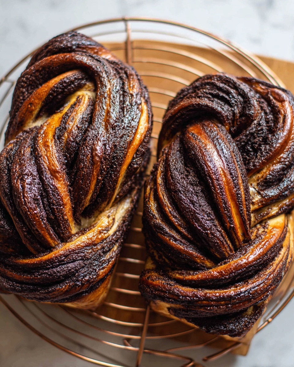 Two loaves of twisted chocolate babka bread sit in metal baking pans on a white marbled surface. Each loaf has multiple layers of rich, dark chocolate intertwined with soft, golden-brown dough, creating a spiral effect. The top of the bread is shiny and caramelized with a slightly crispy texture, showing deep ridges formed by the twisted layers. The pans have a light patina from baking, highlighting the fresh, warm appearance of the bread photo taken with an iphone --ar 4:5 --v 7