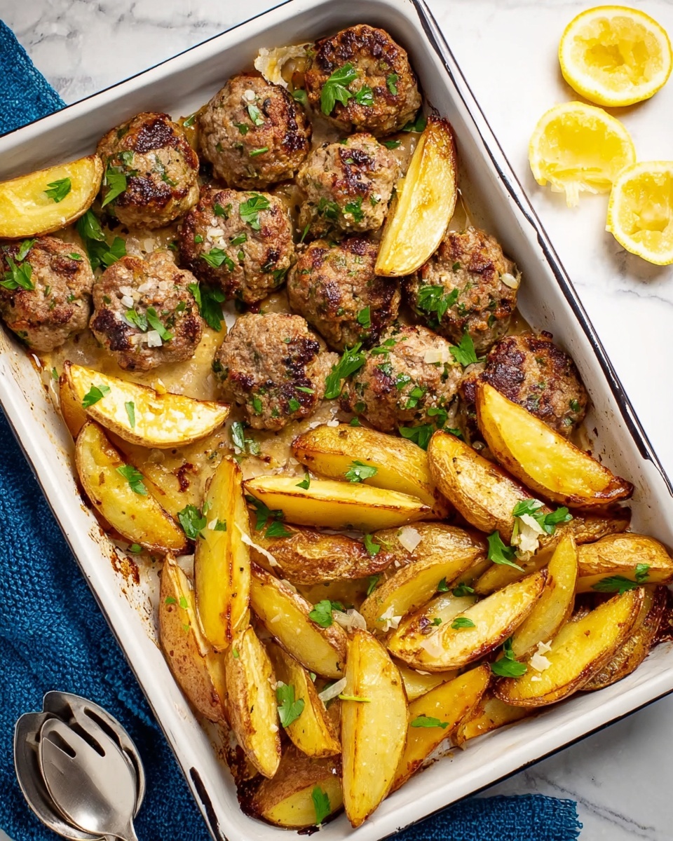 Sheet Pan Biftekia with Lemony Potato Wedges Recipe - Recipe Image