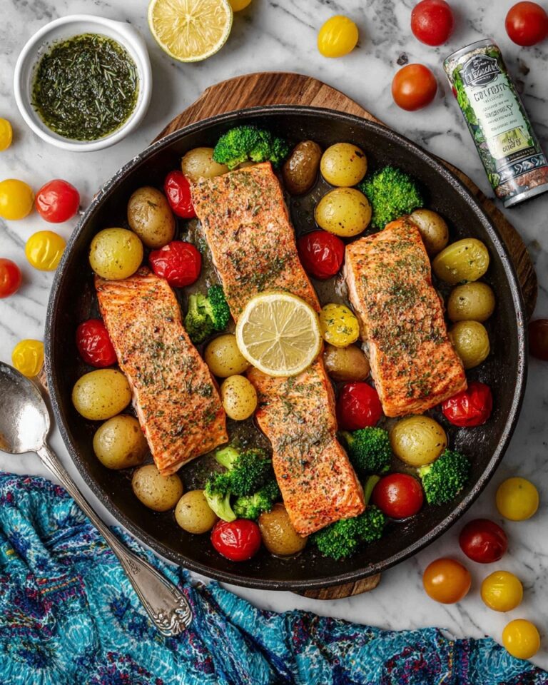 Za’atar Garlic Salmon with Roasted Baby Potatoes, Grape Tomatoes, and Broccoli Recipe