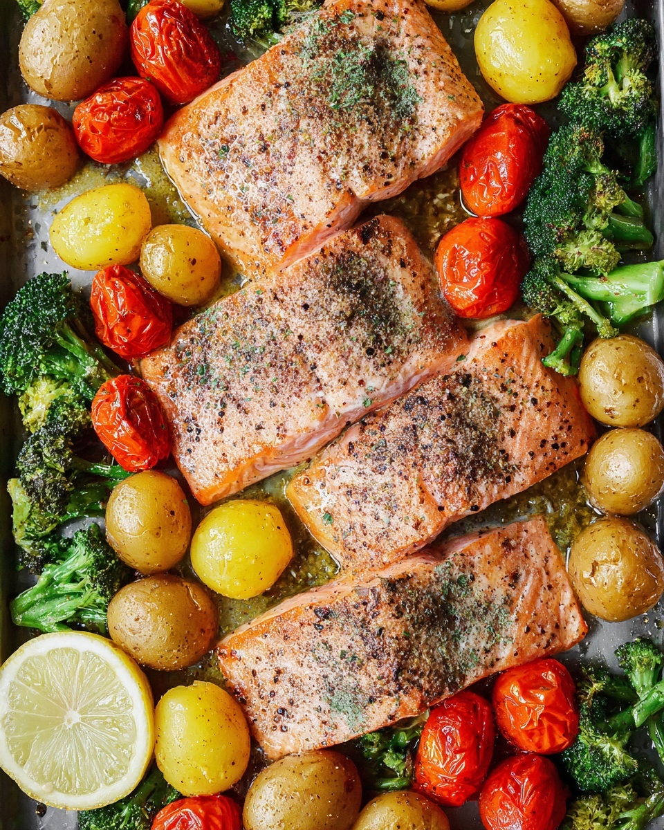 The image shows four thick, cooked salmon fillets, each seasoned with herbs and spices, with a slightly crispy texture on top. Surrounding the salmon are small, whole baby potatoes in yellow and red, soft roasted cherry tomatoes in red and yellow with wrinkled skins, and bright green pieces of broccoli. A round lemon slice with seeds visible sits at the bottom edge of the image. All these ingredients rest closely together on a pan with a shiny, oily surface. The background is a white marbled texture photo taken with an iphone --ar 4:5 --v 7
