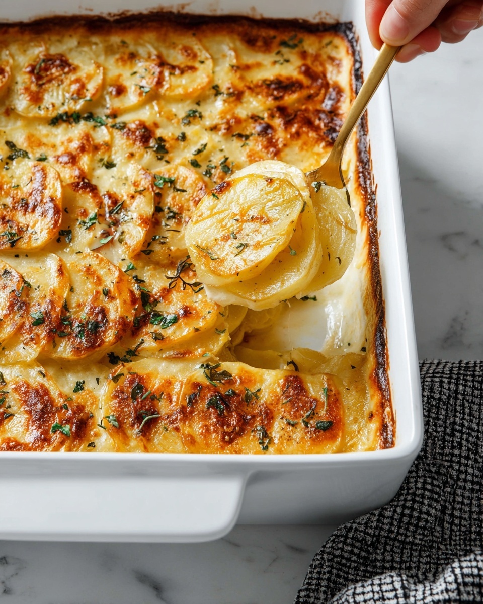 A white square baking dish filled with a layered potato casserole that has a golden brown top with some darker browned spots and melted cheese. The dish shows several even layers of thinly sliced yellow potatoes with a creamy sauce in between. Green parsley bits are sprinkled on top. A golden spoon held by a woman's hand is lifting a portion, revealing the soft texture of the cooked potato slices with browned edges. The background is a white marbled surface. Photo taken with an iphone --ar 4:5 --v 7