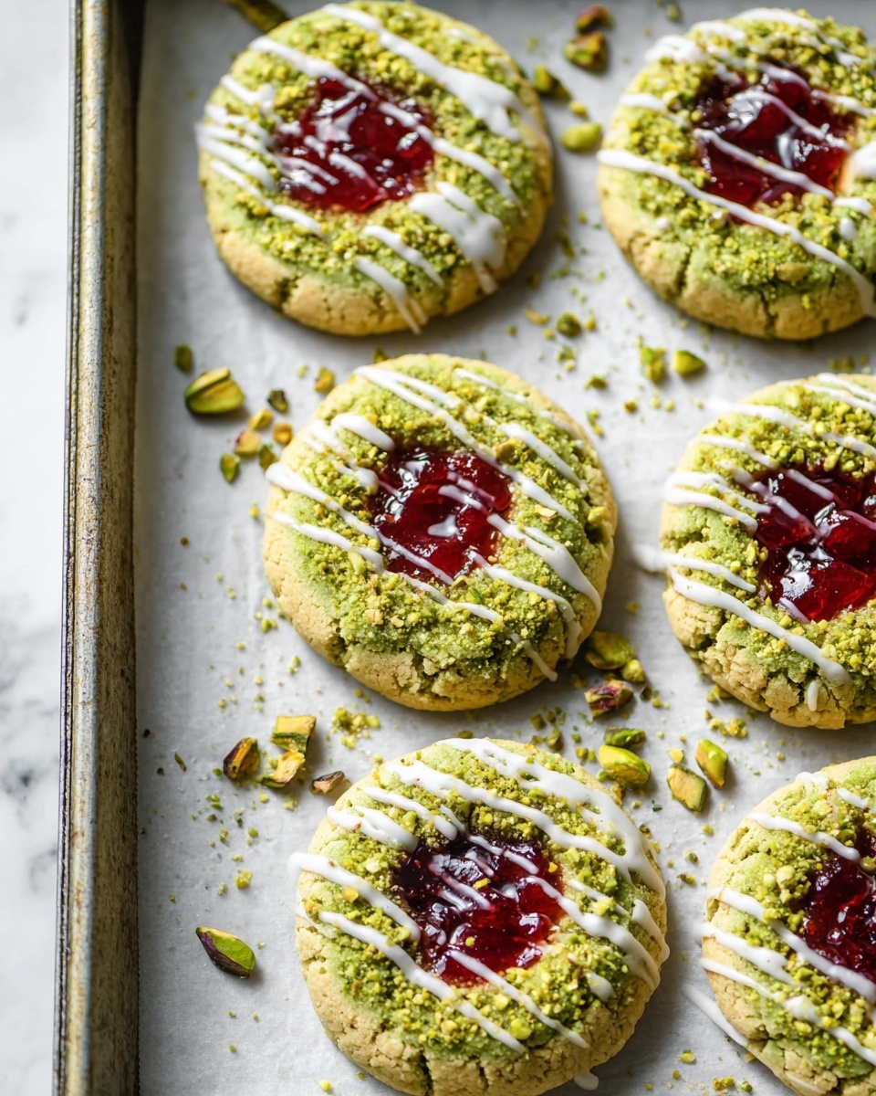 The image shows six round pistachio cookies on white parchment paper on a baking tray. Each cookie has a rough, cracked green surface with chopped pistachio pieces sprinkled on top. In the center of each cookie, there is a shiny red jam filling that looks smooth and jelly-like. White icing is drizzled in thin lines over the top of the cookies, crossing from side to side. The background is a white marbled texture. photo taken with an iphone --ar 4:5 --v 7