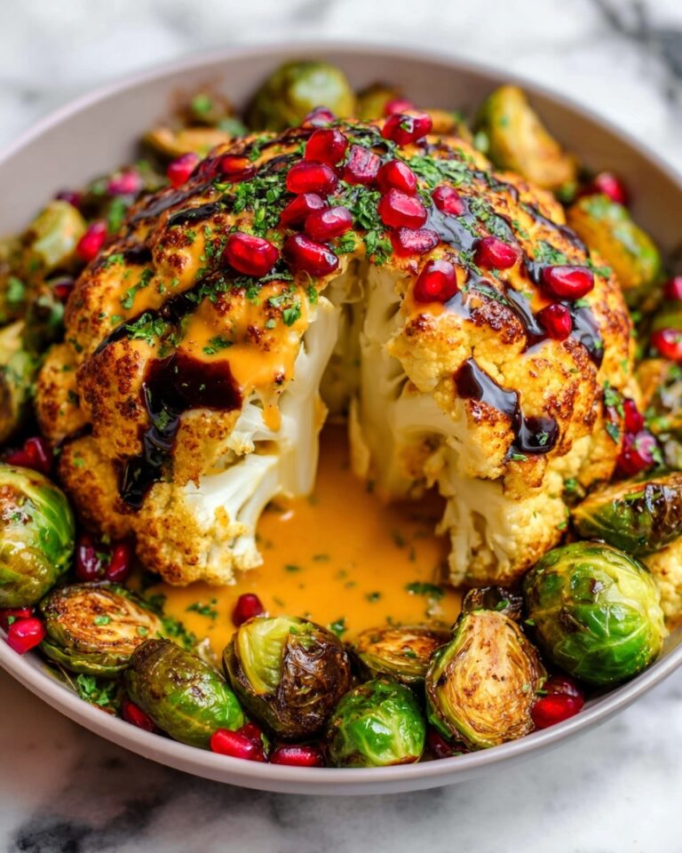 Vegan Whole Roasted Cauliflower with Spicy Tahini Drizzle and Pomegranate Seeds Recipe