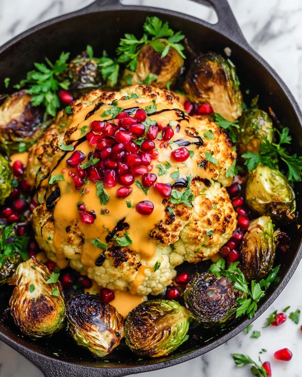 Vegan Whole Roasted Cauliflower with Spicy Tahini Drizzle and Pomegranate Seeds Recipe - Recipe Image