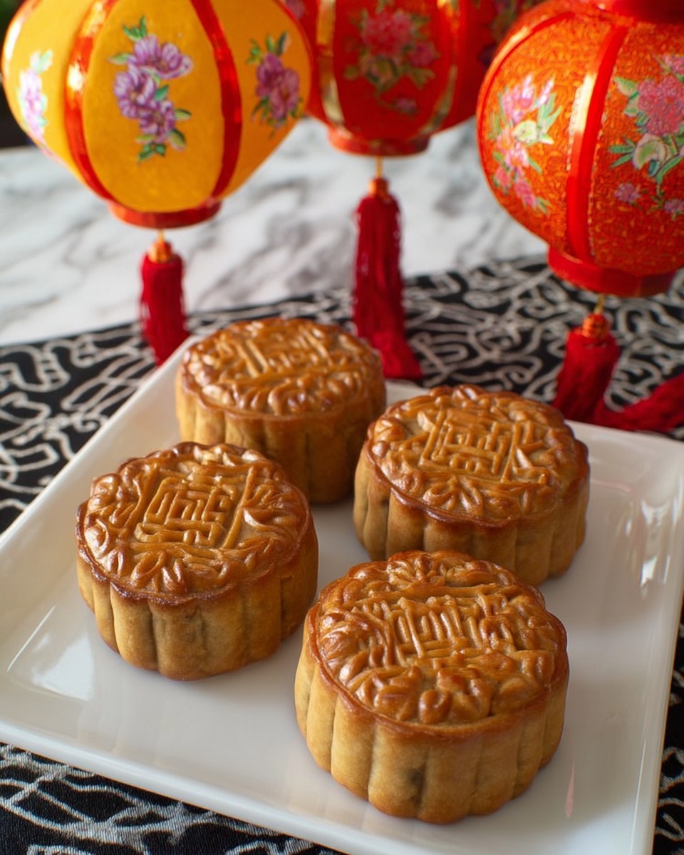 The image shows four round pastries with golden-brown crusts, each with detailed floral and geometric patterns on the top surface. They rest neatly on a white plate, arranged in a square form with two on the top and two on the bottom. The texture of the pastries looks smooth with slight shine, highlighting the raised designs. The background is a white marbled surface with a hint of a woven mat underneath the plate. photo taken with an iphone --ar 4:5 --v 7