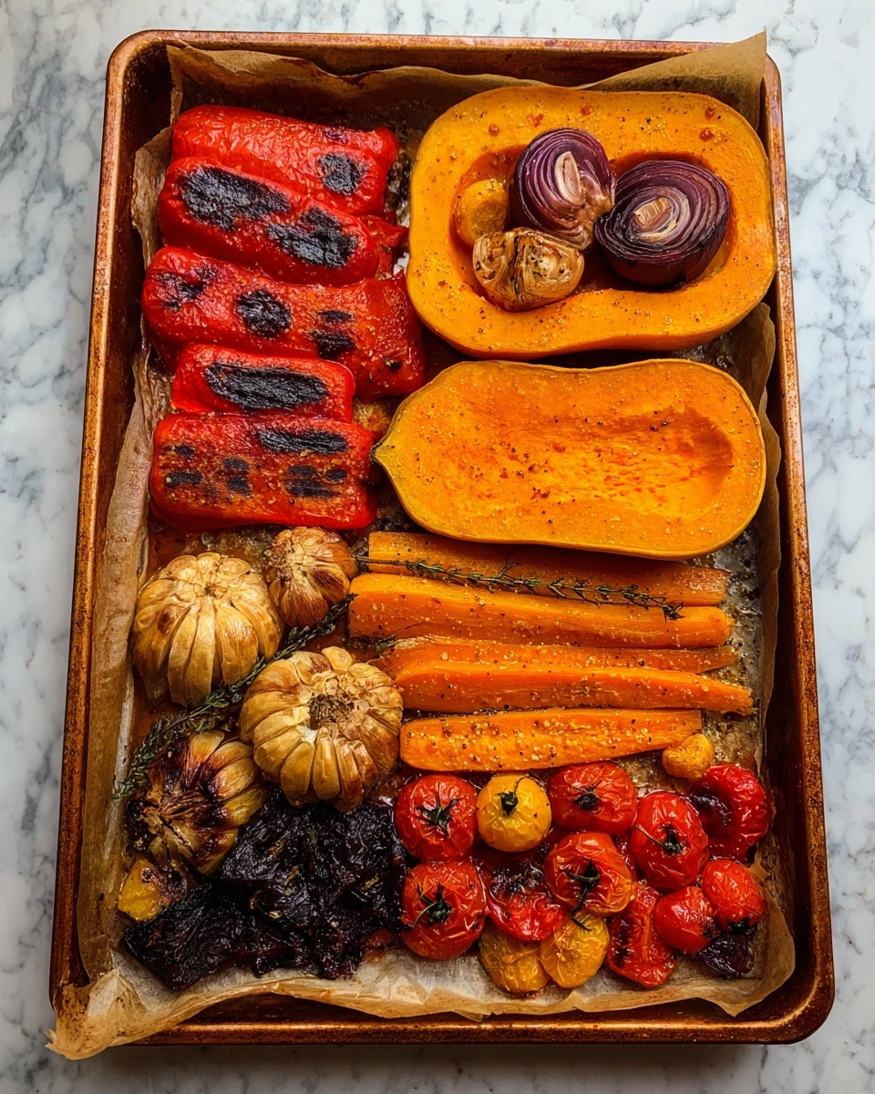 A baking tray filled with several roasted vegetables arranged in neat sections on parchment paper, placed on a white marbled surface. At the top right, two halves of orange squash with a deep red onion half placed inside each cavity, showing a soft, slightly charred texture. To the left of the squash, there is one large bright red roasted pepper with blackened spots, showing a wrinkled and smoky surface. Below the squash, two thick orange carrots lay side by side with a slightly browned, caramelized skin. Next to the carrots on the bottom left, two round heads of garlic, roasted to a golden brown with visible soft cloves. The bottom section is filled with two kinds of small roasted tomatoes, red and yellow, both showing charred spots and a wrinkled, juicy texture. photo taken with an iphone --ar 4:5 --v 7