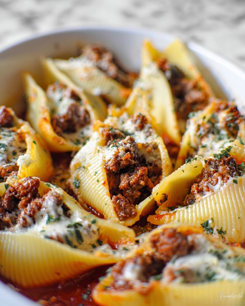 The image shows a white baking dish filled with large pasta shells arranged in three rows, each shell stuffed with a mix of brown ground meat and white cheese. The pasta shells sit on a base layer of red tomato sauce with melted cheese visible around the edges. The stuffed pasta is topped with scattered green herbs, adding a touch of color. A woman's hand wrapped in a white cloth holds the dish on both sides. The whole dish looks baked to create a slightly browned texture at the edges. The surface under the dish is a white marbled texture. photo taken with an iphone --ar 4:5 --v 7