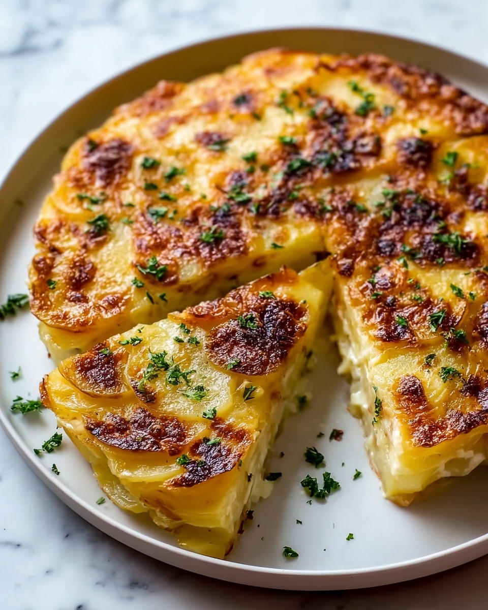 A round dish with a golden brown layered potato cake sliced into wedges sits on a white plate. The potato layers are thin and stacked evenly, with a crispy browned top that has patches of light melting cheese. Small green herb bits are scattered on the top and around the plate, adding a fresh color contrast. The white plate rests on a wooden surface, and a white marbled background softly surrounds the scene. photo taken with an iphone --ar 4:5 --v 7