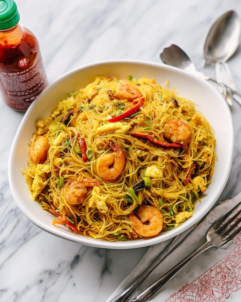 A white oval plate holds a pile of thin yellow noodles mixed with pieces of light brown mushroom, orange carrot strips, green onion slices, and whole dark red dried chilies. Scattered on top and within the noodles are several pink shrimp with a shiny texture and small bits of scrambled egg. The noodles look soft and slightly oily, with a mix of colors from the vegetables and seafood all blending together. The plate is set on a white marbled surface with a beige woven mat underneath and two white wrapped chopsticks to the side. photo taken with an iphone --ar 4:5 --v 7