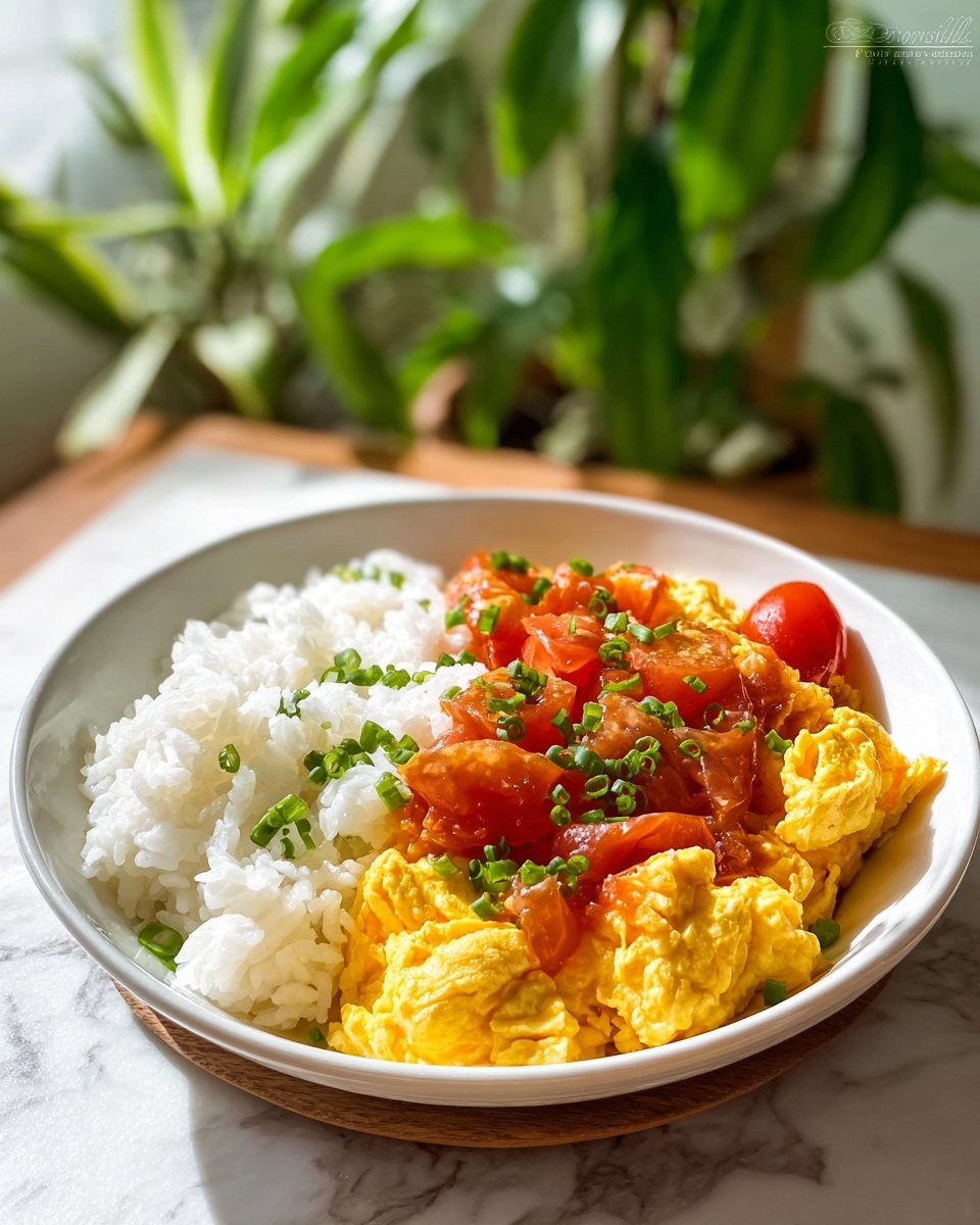 A white bowl filled with two layers: the bottom layer is white steamed rice showing soft, separate grains, and the top layer is a mix of scrambled eggs and cooked tomato pieces with bright yellow and red colors. The eggs have a soft, fluffy texture while the tomatoes are juicy and slightly chunky. Small chopped green onions are sprinkled over the eggs and tomatoes for color and texture. The bowl sits on a light gray cloth on a white marbled surface, with a gold spoon in the background. photo taken with an iphone --ar 4:5 --v 7
