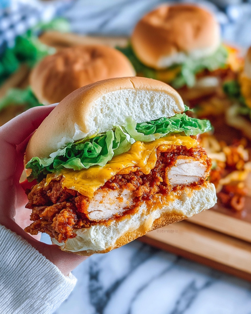 Three fried chicken sandwiches sit on a sheet of light brown paper on a round wooden board. Each sandwich has a top bun with sesame seeds, golden-brown and shiny. Below the bun is a layer of crunchy, golden fried chicken, thick and textured. Under the chicken, there is a fresh, bright green lettuce layer, full of ruffled leaves. The bottom layer is a soft, golden burger bun. The background has a white marbled surface with green plant leaves blurred behind. Photo taken with an iphone --ar 4:5 --v 7