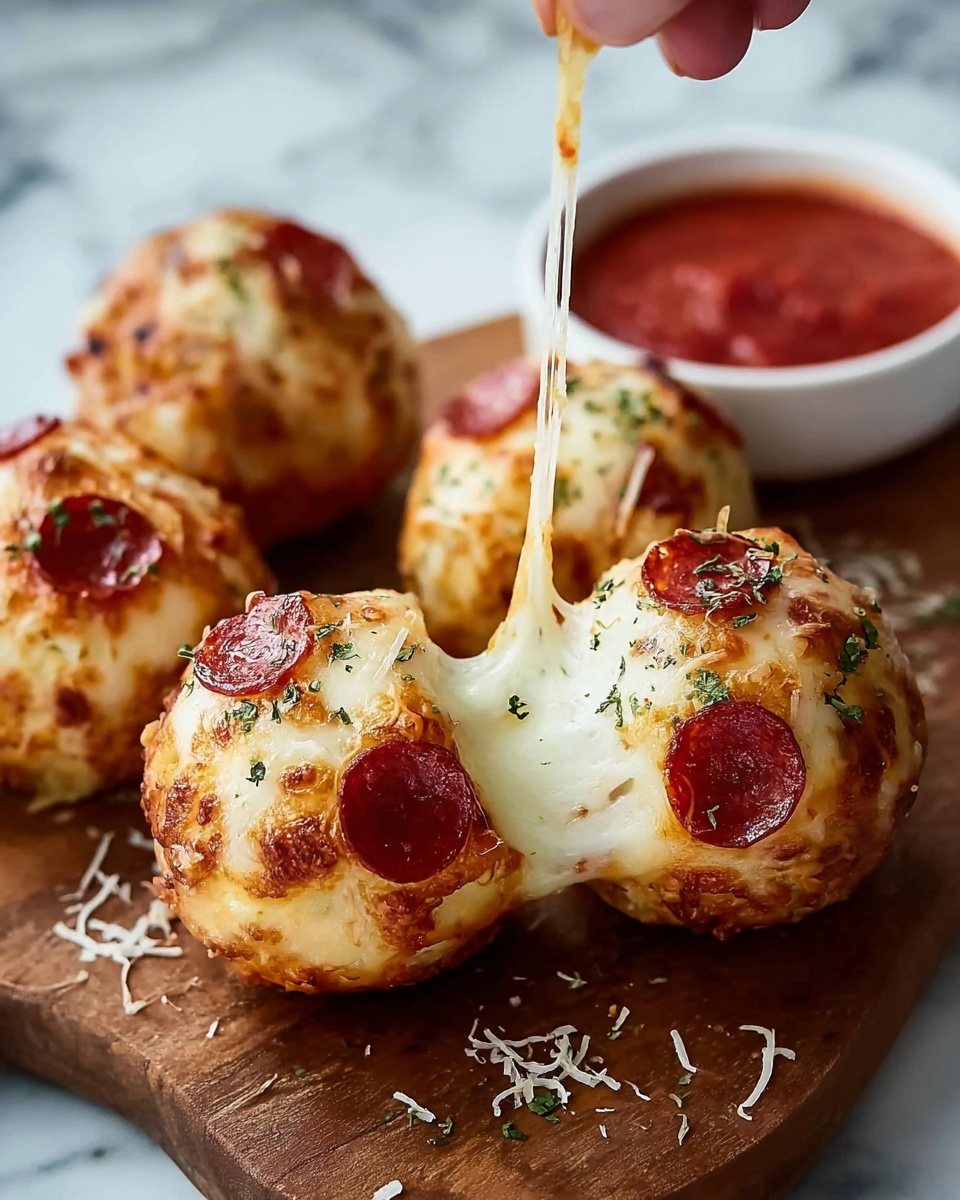 The image shows a small round pizza with three layers: the bottom is golden brown dough, the middle layer is melted white cheese that drips slightly over the sides, and the top layer has several shiny, reddish-brown pepperoni slices scattered evenly with some green herb sprinkles on top. The pizzas are placed on a wooden surface with other similar pizzas blurred in the background. The lighting highlights the gloss and texture of the cheese and pepperoni, making them look fresh and hot. Photo taken with an iphone --ar 4:5 --v 7