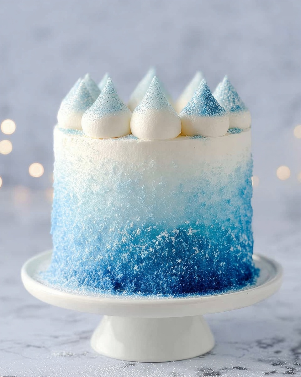 The image shows a small round cake on a white cake stand, placed on a white marbled surface. The cake has two main layers of frosting: the bottom layer is bright blue with a sparkling sugar texture that fades upward into a smooth white frosting layer on top. On the top surface of the cake, there are about nine peaks of white frosting, each dusted with bright blue sugar crystals, arranged in a circle near the edge. The background is blurred with soft glowing light spots, giving a festive and magical feel. photo taken with an iphone --ar 4:5 --v 7
