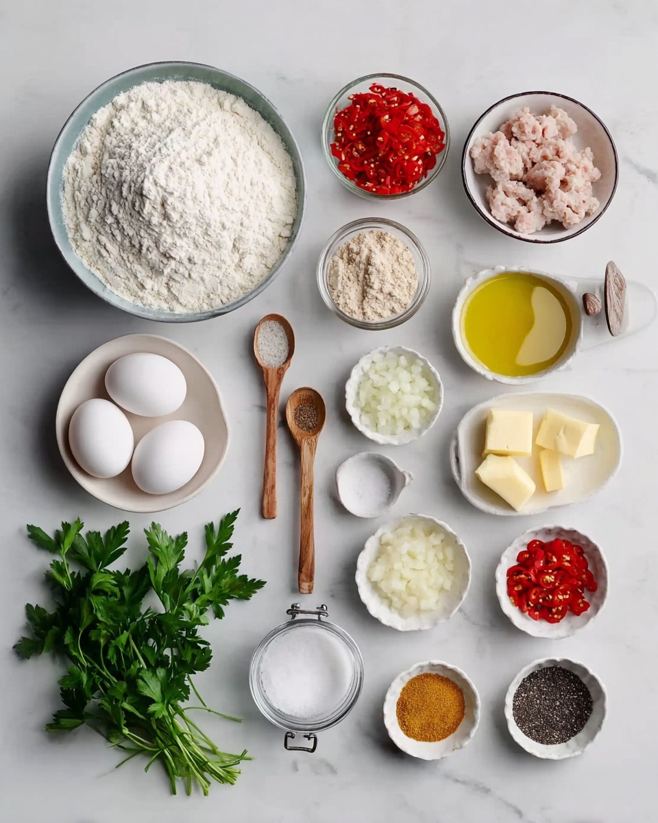 The image shows various cooking ingredients neatly arranged on a white marbled surface. In the top row, there is a clear glass bottle with light yellow oil on the left, next to a black bowl filled with white flour. To the right, a white bowl contains diced cooked chicken pieces. On the right side, two metal spoons with wooden handles hold brown and yellow spices, placed above small white bowls filled with chopped white onions and bright red diced bell peppers. Below, from left to right, there is a bunch of fresh green parsley, a small jar of black seeds, a small light pink bowl with a pale yellow powder, a small light peach bowl with slices of butter, and two white eggs in a white egg tray. At the bottom right, two wooden spoons hold white salt, and a small white bowl contains a white powdery substance. All items are cleanly placed and clearly visible. Photo taken with an iphone --ar 4:5 --v 7
