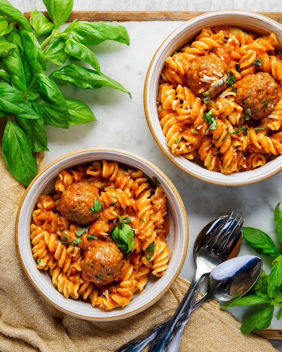 This image shows a white and blue speckled rectangular baking dish filled with a baked pasta dish. The bottom layer consists of orange-red rotini pasta mixed with small round meatballs, all covered with a melted, bubbly white cheese layer dotted with fresh green basil leaves. A wooden spoon is resting inside the baking dish, partially lifting some pasta and meatballs. The baking dish is placed on a wooden surface with green leafy herbs nearby, and a cream-colored cloth is draped next to it. The whole scene sits on a white marbled background. photo taken with an iphone --ar 4:5 --v 7