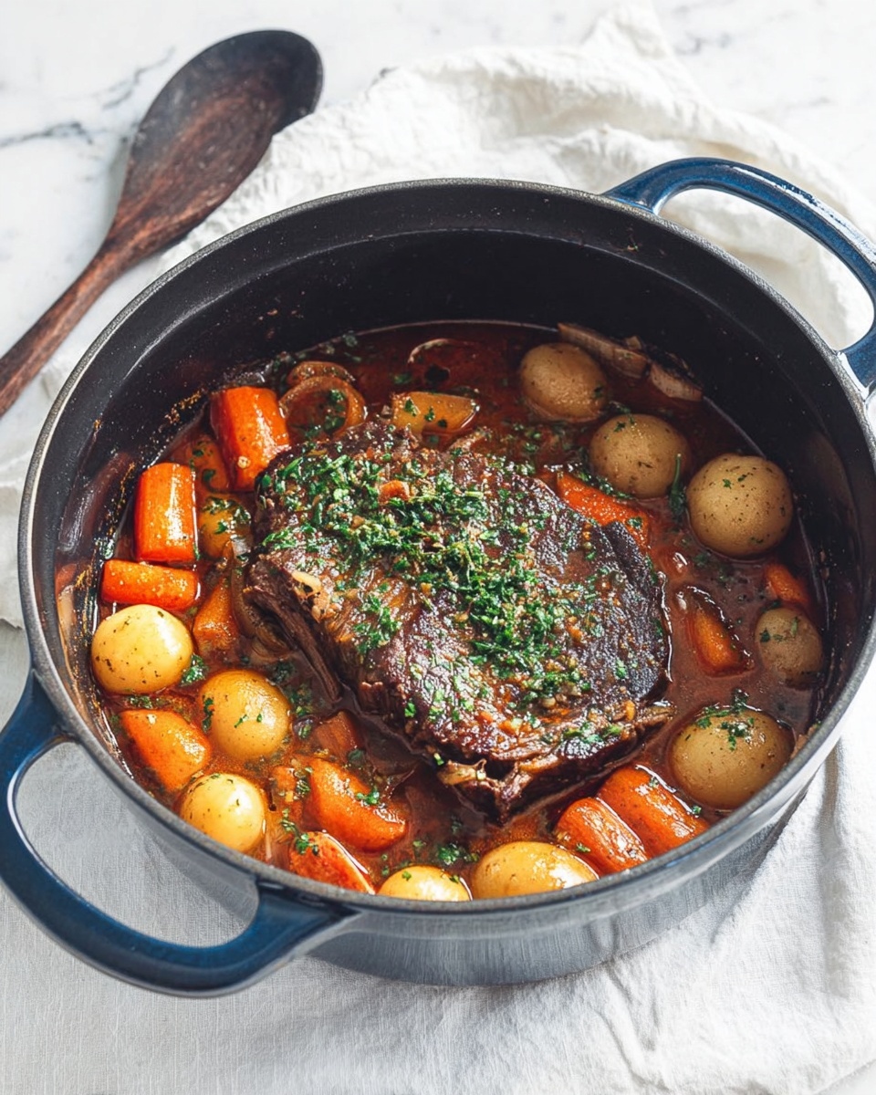 A dark blue pot filled with a hearty stew is shown on a white marbled surface. The top layer features two large pieces of browned meat covered lightly with chopped green herbs. Below the meat, a reddish-brown sauce surrounds a variety of vegetables including orange carrots, small light brown potatoes, and slices of pale celery. The texture of the meat looks tender with a slight char on the edges. The pot has handles on both sides and is slightly shiny. Photo taken with an iphone --ar 4:5 --v 7