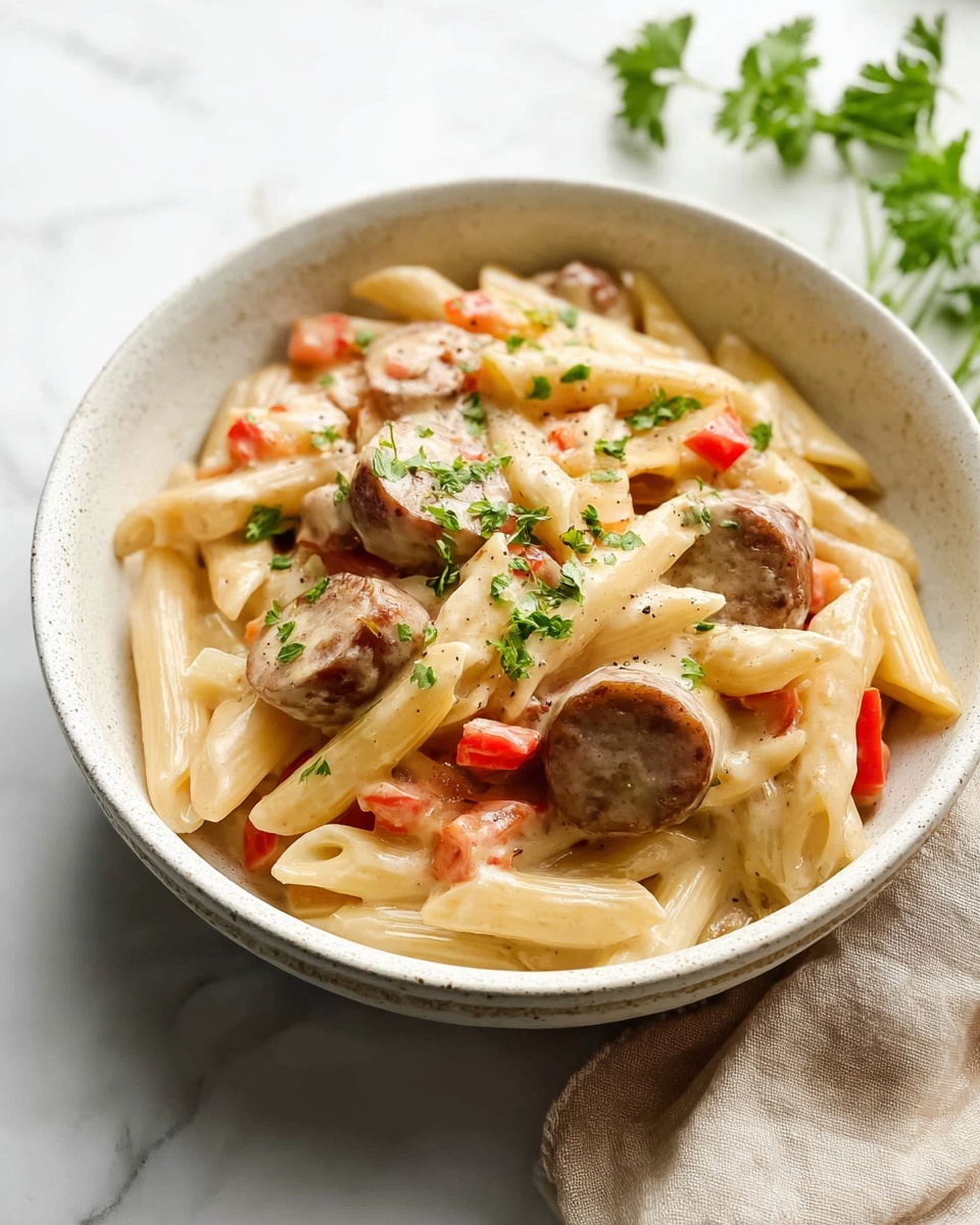 A white speckled bowl filled with creamy pasta and sliced sausage sits on a white marbled surface. The pasta is penne, covered in light creamy sauce with round sausage slices scattered throughout. Small pieces of red bell pepper and green parsley leaves sprinkle the top, adding color contrast. A gold fork is placed inside the bowl on the right side, partially covered by the pasta. Around the bowl, fresh parsley sprigs lie on the white marbled surface. In the top right corner, a small white bowl filled with chopped green herbs is visible. photo taken with an iphone --ar 4:5 --v 7