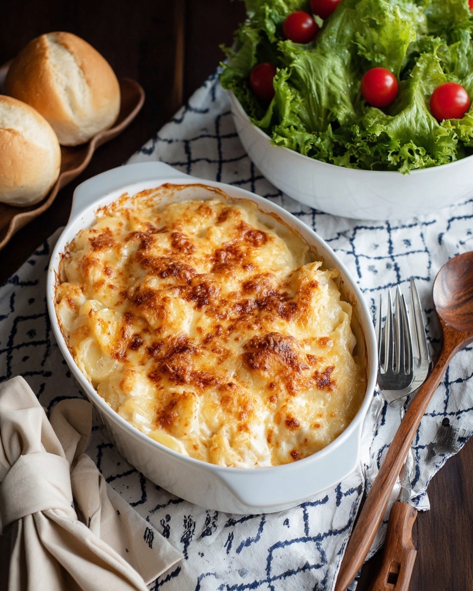 An oval white dish with a creamy baked pasta topped with a golden brown layer of melted cheese and sprinkled with some fine orange-red seasoning. The pasta layer underneath is pale with visible strands of noodles. Next to it, a round white bowl holds fresh green lettuce and bright red cherry tomatoes. Below, a white cloth holds several round bread rolls with a light golden crust. The entire scene is set on a dark wooden table with a white marbled textured surface partially covered by a blue and white patterned cloth. A wooden spoon lies to the right of the dish, and two silver forks rest on the left side of the cloth. Photo taken with an iphone --ar 4:5 --v 7