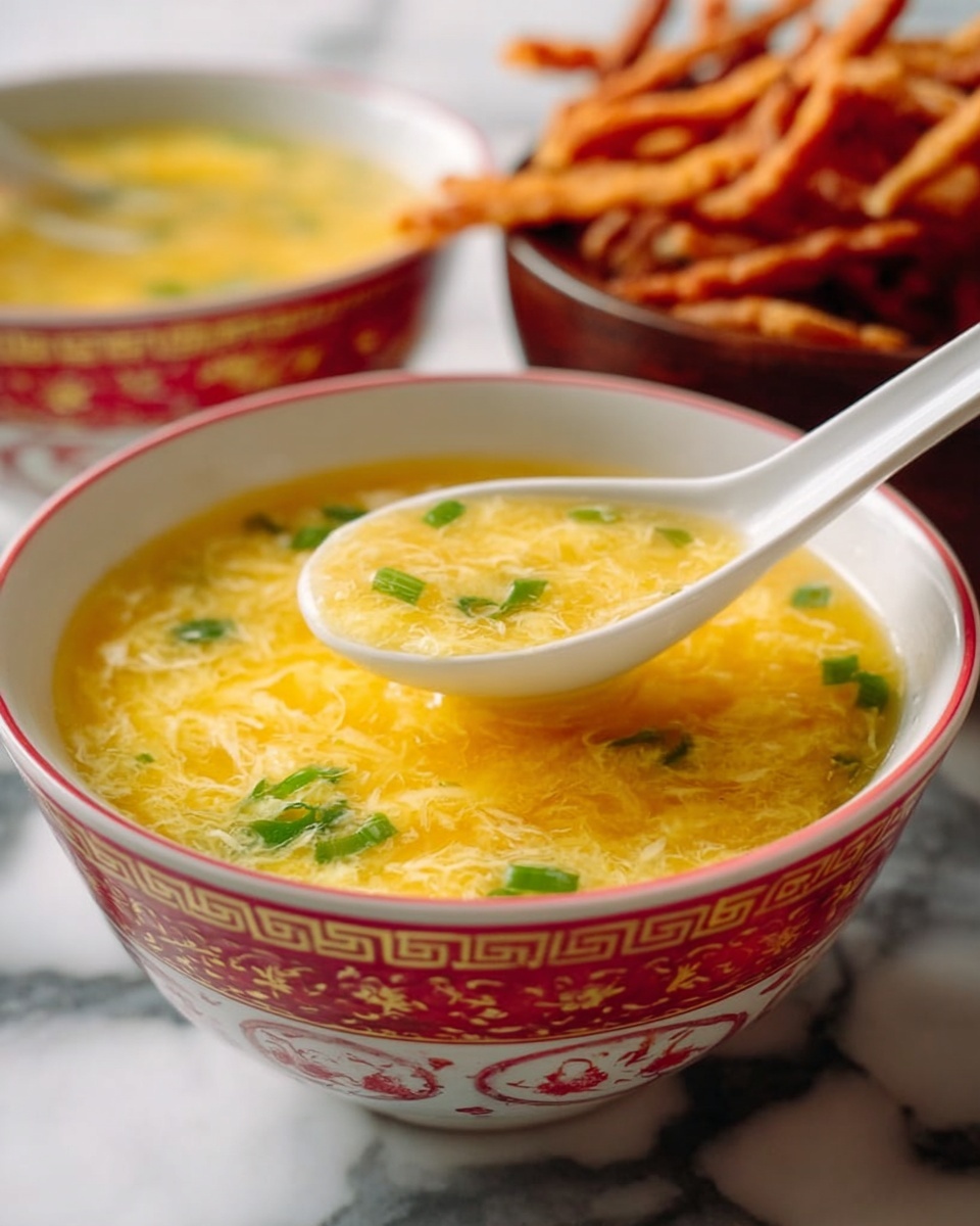 A close-up of a white bowl with colorful blue, red, yellow, and green patterns filled with yellow egg drop soup topped with small green onion pieces. A white soup spoon scoops the soup, showing watery texture with shredded egg strands and green onions. In the blurred background, a dark brown bowl holds long orange fried snacks, and another patterned bowl with the same egg drop soup is partly visible. The bowls and spoon rest on a white marbled surface. photo taken with an iphone --ar 4:5 --v 7