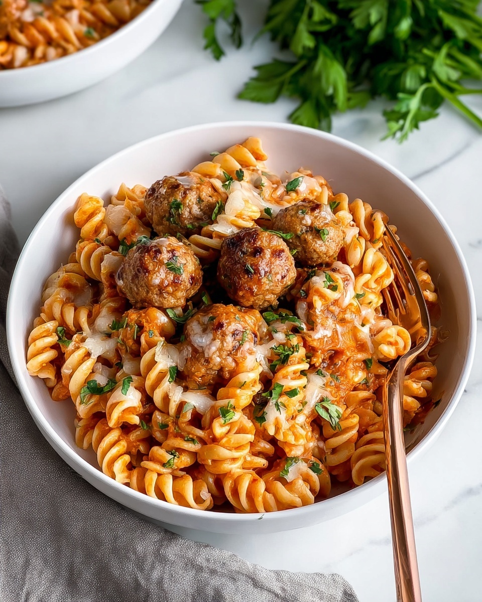 A white bowl filled with three big golden-brown meatballs sitting on top of a bed of spiral pasta coated in bright orange tomato sauce. The pasta is mixed with melted white cheese that stretches lightly over the meatballs and pasta pieces. Green chopped herbs are sprinkled on top, adding small fresh green spots throughout. The bowl sits on a white marbled surface next to a copper fork and a gray cloth napkin. In the back, some green leafy herbs are blurred for decoration. photo taken with an iphone --ar 4:5 --v 7