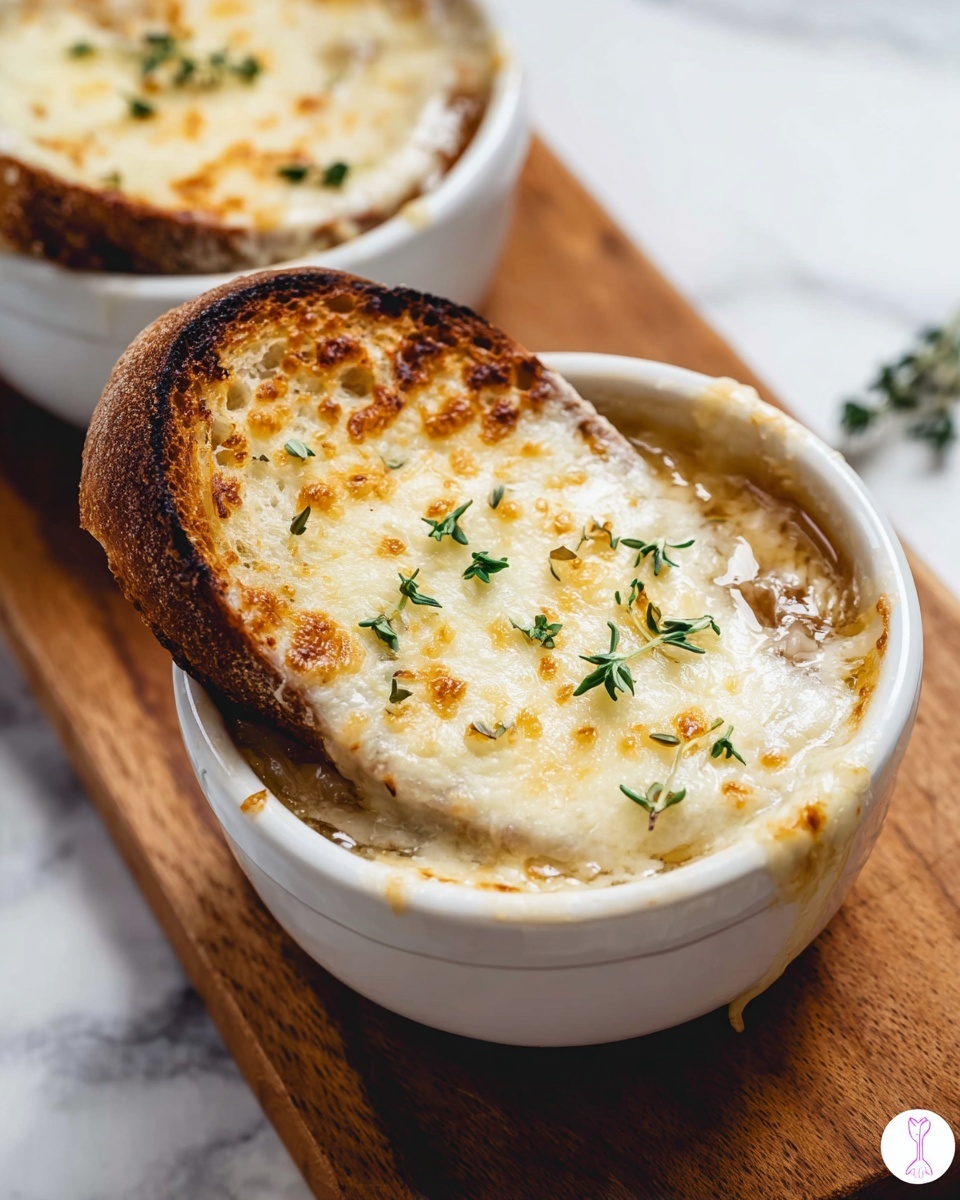 The image shows two white handled mugs on a white marbled surface, each filled with a dark brown liquid, topped with a slice of toasted bread covered in melted cheese. The bread pieces have a rough, textured surface, browned and bubbly from the cheese. There are small crumbs scattered near the mugs, and the wood grain is visible in the blurred background. Photo taken with an iphone --ar 4:5 --v 7