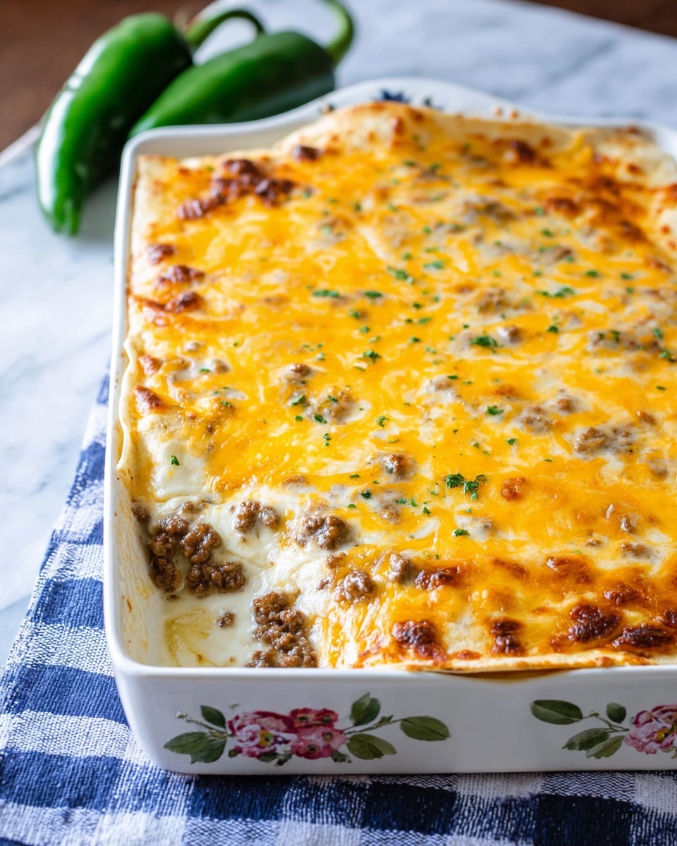 A close-up of a slice of baked lasagna on a white plate, showing three visible layers: the bottom layer is a smooth, light beige pasta sheet, the middle layer contains a mix of creamy white sauce with small pieces of browned ground meat and green bits that look like peppers, and the top layer is melted golden-yellow cheese browned slightly in spots. The lasagna edges are soft and slightly spilling the creamy sauce. A silver fork rests behind the slice on the plate, and the background has a white marbled texture with blurry green peppers in the distance. Photo taken with an iphone --ar 4:5 --v 7